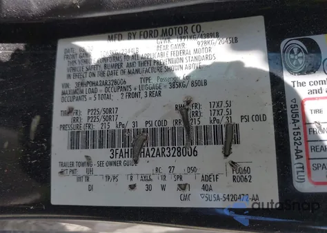 2010 Ford Fusion Se from USA, damaged, VIN 3FAHP0HA2AR328006